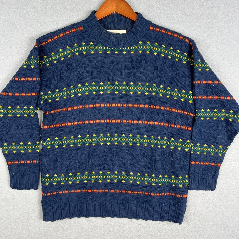 VTG 90s Nordic Fair Isle Knit Sweater Medium Geometric USA Grandpa Cottagecore‎